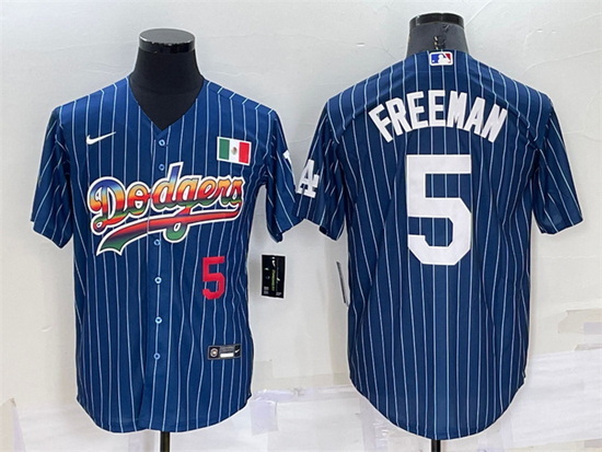 Men Los Angeles Dodgers 5 Freddie Freeman Navy Mexico Rainbow Cool Base Stitched Baseball Jersey