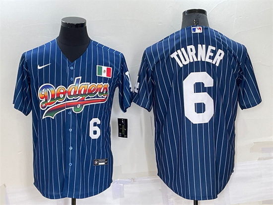 Men Los Angeles Dodgers 6 Trea Turner Navy Mexico Rainbow Cool Base Stitched Baseball Jersey