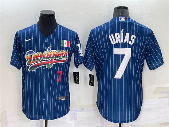 Men Los Angeles Dodgers 7 Julio Urias Navy Mexico Rainbow Cool Base Stitched Baseball Jersey