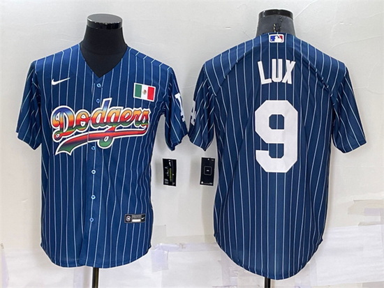 Men Los Angeles Dodgers 9 Gavin Lux Navy Mexico Rainbow Cool Base Stitched Baseball Jersey