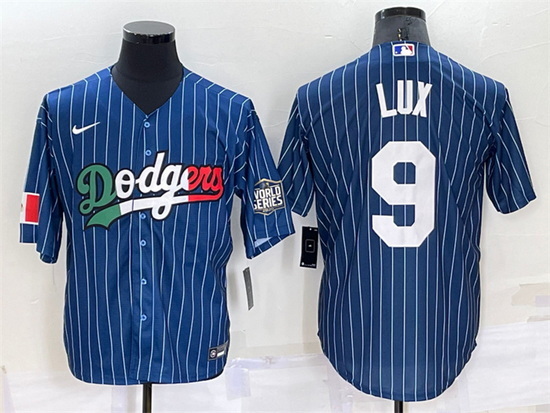 Men Los Angeles Dodgers 9 Gavin Lux Navy Mexico World Series Cool Base Stitched Baseball Jersey