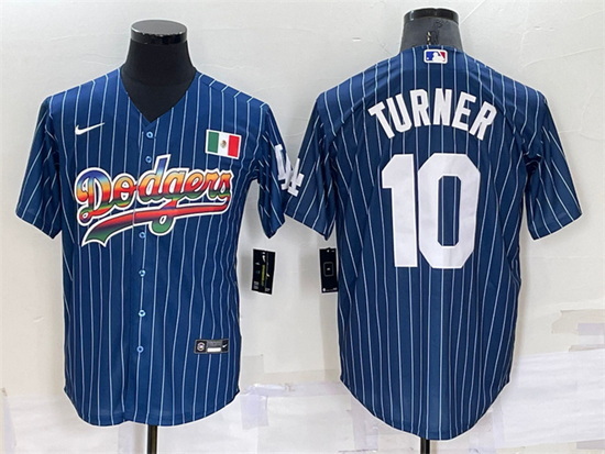 Men Los Angeles Dodgers 10 Justin Turner Navy Mexico Rainbow Cool Base Stitched Baseball Jersey