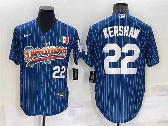 Men Los Angeles Dodgers 22 Clayton Kershaw Navy Mexico Rainbow Cool Base Stitched Baseball Jersey