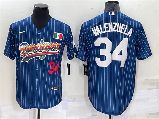 Men Los Angeles Dodgers 34 Toro Valenzuela Navy Mexico Rainbow Cool Base Stitched Baseball Jersey