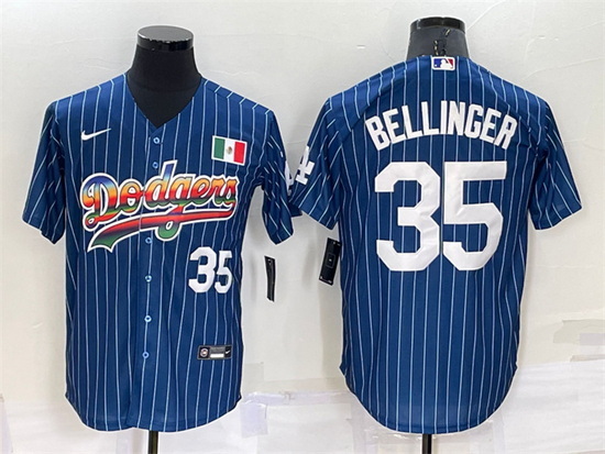 Men Los Angeles Dodgers 35 Cody Bellinger Navy Mexico Rainbow Cool Base Stitched Baseball Jersey