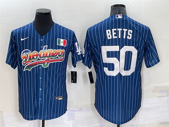 Men Los Angeles Dodgers 50 Mookie Betts Navy Mexico Rainbow Cool Base Stitched Baseball Jersey