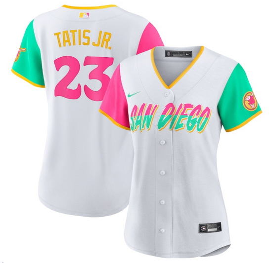 Women San Diego Padres 23 Fernando Tatis Jr  2022 White City Connect Cool Base Stitched Baseball Jer