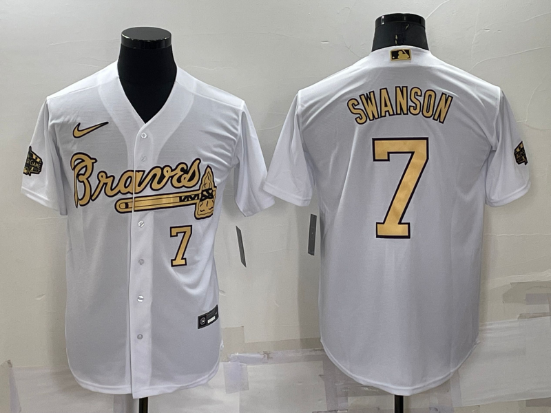 Men Atlanta Braves 7 Dansby Swanson 2022 All Star White Cool Base Stitched Baseball Jersey