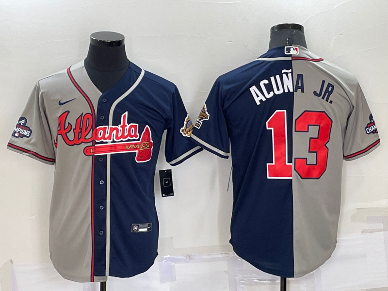 Men Atlanta Braves 13 Ronald Acuna Jr  Gray Navy Two Tone Split Cool Base Stitched Baseball Jersey