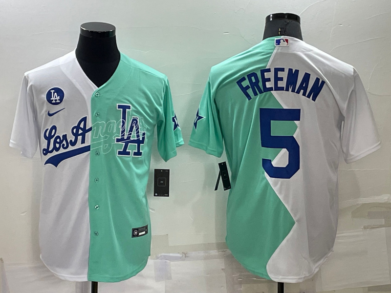 Men Los Angeles Dodgers 5 Freddie Freeman 2022 All Star White Green Cool Base Stitched Baseball Jers