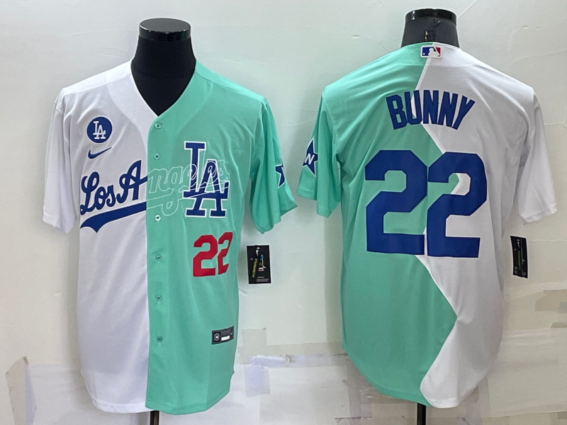 Men Los Angeles Dodgers 22 Bad Bunny 2022 All Star White Green Cool Base Stitched Baseball Jersey