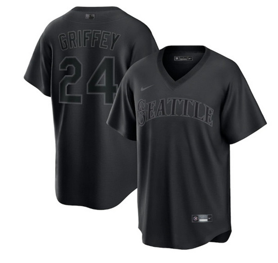 Men Seattle Mariners 24 Ken Griffey Jr  Black Pitch Black Fashion Replica Stitched Jersey