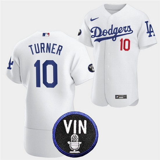 Men Los Angeles Dodgers 10 Justin Turner 2022 White Vin Scully Patch Flex Base Stitched Baseball Jer