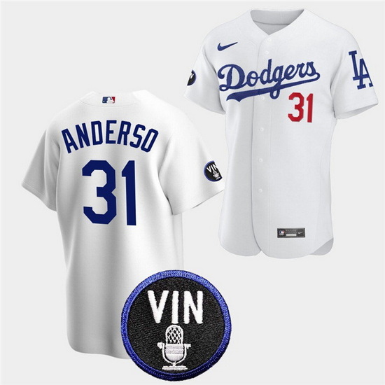 Men Los Angeles Dodgers 31 Tyler Anderson 2022 White Vin Scully Patch Cool Base Stitched Baseball Je