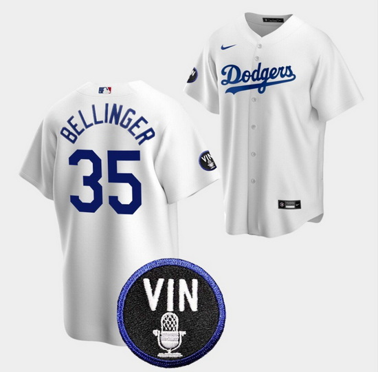 Men Los Angeles Dodgers 35 Cody Bellinger 2022 White Vin Scully Patch Cool Base Stitched Baseball Je