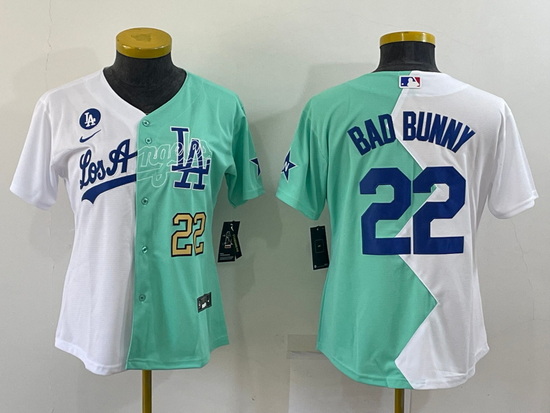 Women Los Angeles Dodgers 22 Bad Bunny 2022 All Star White Green Split Stitched Baseball Jersey 28Ru