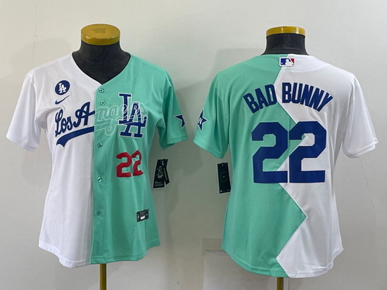 Women Los Angeles Dodgers 22 Bad Bunny 2022 All Star White Green Split Stitched Baseball Jerseys  28