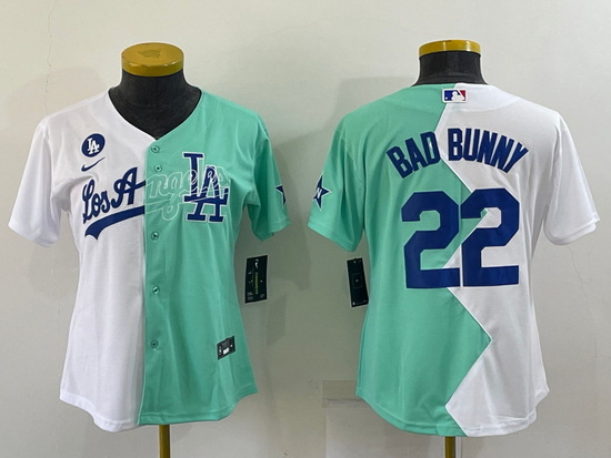 Women Los Angeles Dodgers 22 Bad Bunny 2022 All Star White Green Split Stitched Baseball Jerseys 28R