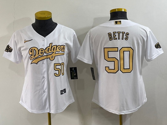 Women Los Angeles Dodgers 50 Mookie Betts 2022 All Star White Stitched Baseball Jersey 28Run Small 2