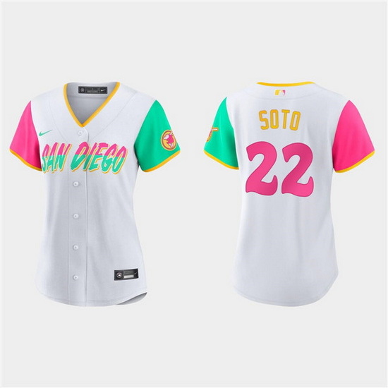 Women San Diego Padres 22 Juan Soto 2022 White City Connect Cool Base Stitched Baseball Jersey 28Run