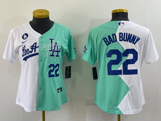 Youth Los Angeles Dodgers 22 Bad Bunny 2022 All Star White Green Split Stitched Jersey