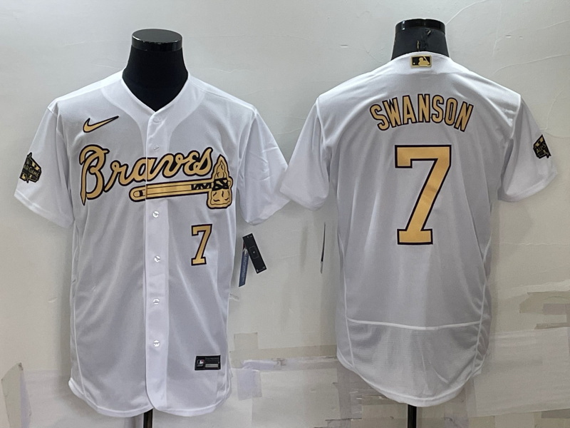 Men Atlanta Braves 7 Dansby Swanson 2022 All Star White Flex Base Stitched Baseball Jersey