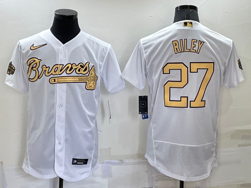 Men Atlanta Braves 27 Austin Riley 2022 All Star White Flex Base Stitched Baseball Jersey