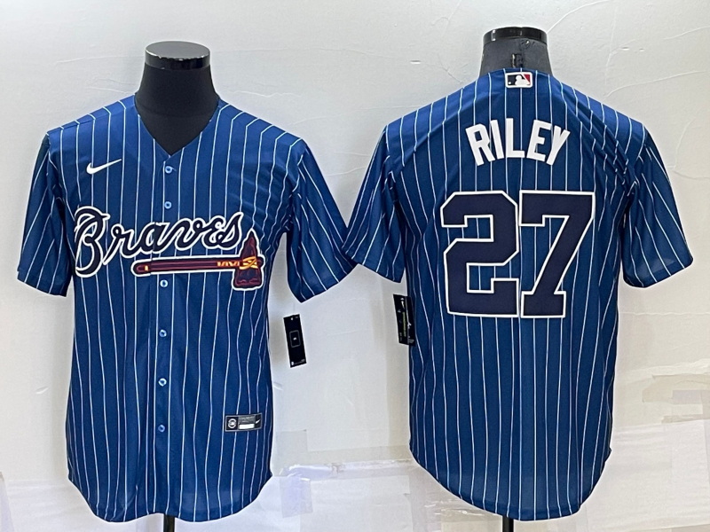 Men Atlanta Braves 27 Austin Riley Navy Cool Base Stitched Baseball Jersey