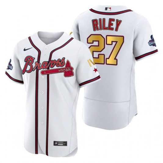 Men Atlanta Braves 27 Austin Riley White Gold World Series Champions Flex Base Stitched Jersey