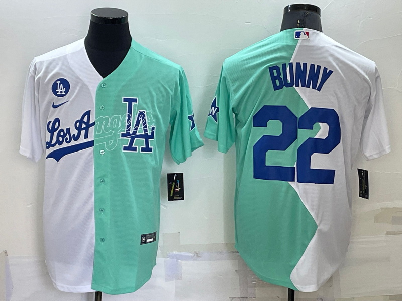 Men Los Angeles Dodgers  22 Bad Bunny 2022 All Star White Green Cool Base Stitched Baseball Jersey