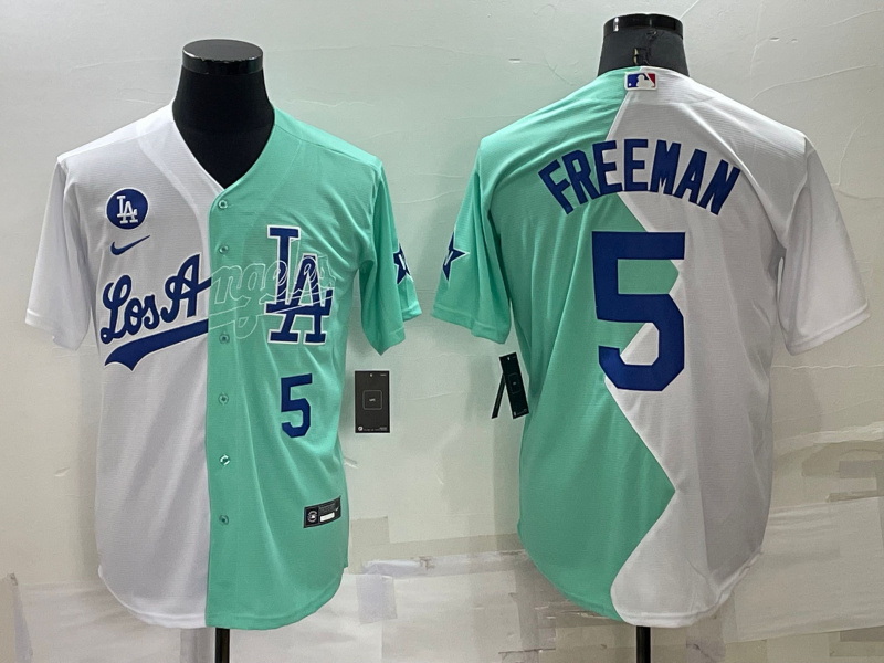 Men Los Angeles Dodgers 5 Freddie Freeman 2022 All Star White Green Cool Base Stitched Baseball Jers