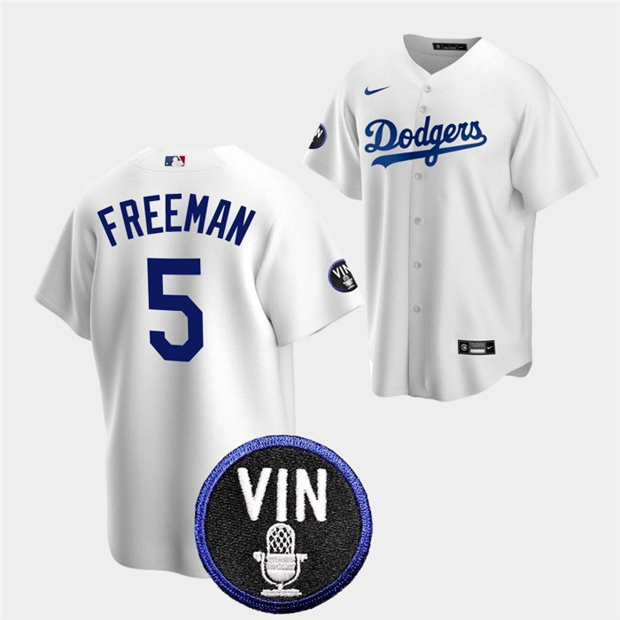 Men Los Angeles Dodgers 5 Freddie Freeman 2022 White Vin Scully Patch Cool Base Stitched Baseball Je