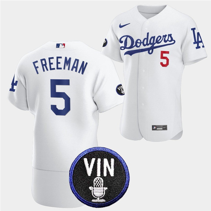 Men Los Angeles Dodgers 5 Freddie Freeman 2022 White Vin Scully Patch Flex Base Stitched Baseball Je