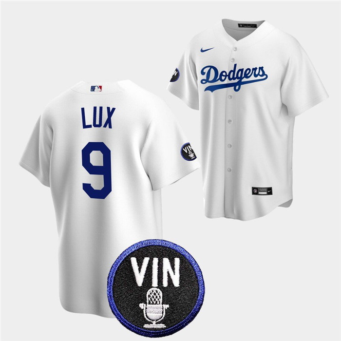 Men Los Angeles Dodgers 9 Gavin Lux 2022 White Vin Scully Patch Cool Base Stitched Baseball Jersey