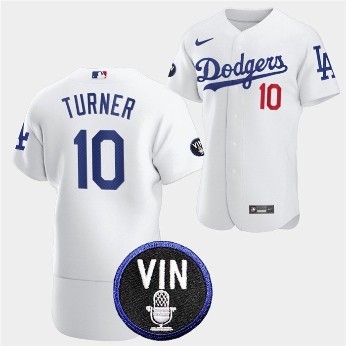 Men Los Angeles Dodgers 10 Justin Turner 2022 White Vin Scully Patch Flex Base Stitched Baseball Jer