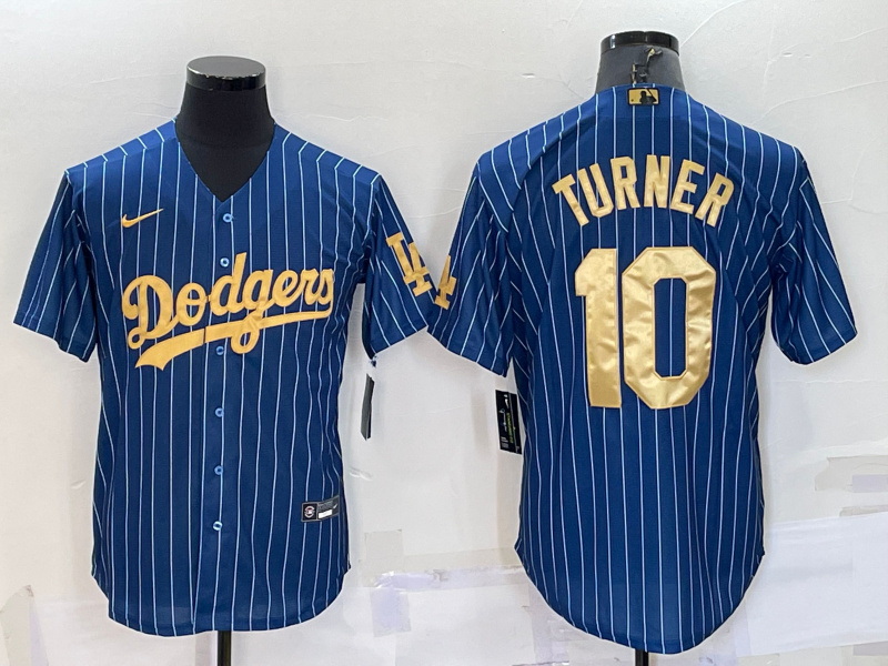 Men Los Angeles Dodgers 10 Justin Turner Navy Gold Cool Base Stitched Baseball Jersey