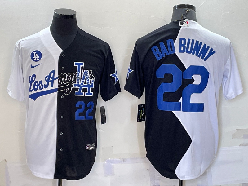 Men Los Angeles Dodgers 22 Bad Bunny 2022 All Star White Black Split Cool Base Stitched Jersey