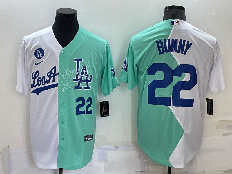 Men Los Angeles Dodgers 22 Bad Bunny 2022 All Star White Green Cool Base Stitched Baseball Jersey