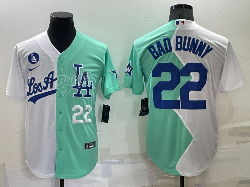 Men Los Angeles Dodgers 22 Bad Bunny 2022 All Star White Green Cool Base Stitched Baseball Jerseys