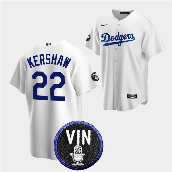 Men Los Angeles Dodgers 22 Clayton Kershaw 2022 White Vin Scully Patch Cool Base Stitched Baseball J