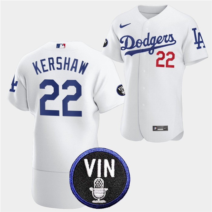 Men Los Angeles Dodgers 22 Clayton Kershaw 2022 White Vin Scully Patch Flex Base Stitched Baseball J