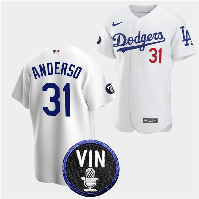 Men Los Angeles Dodgers 31 Tyler Anderson 2022 White Vin Scully Patch Cool Base Stitched Baseball Je