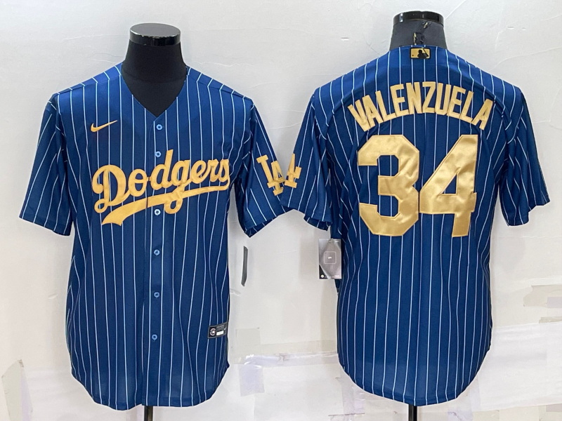 Men Los Angeles Dodgers 34 Fernando Valenzuela Navy Gold Cool Base Stitched Baseball Jersey