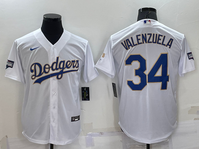 Men Los Angeles Dodgers 34 Toro Valenzuela White Gold Championship Cool Base Stitched Jersey