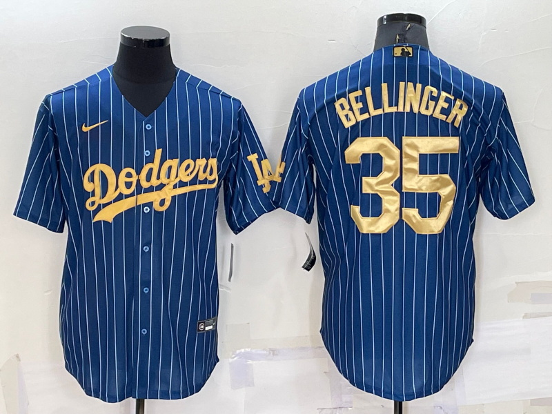 Men Los Angeles Dodgers 35 Cody Bellinger Navy Gold Cool Base Stitched Baseball Jersey