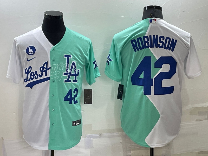 Men Los Angeles Dodgers 42 Jackie Robinson 2022 All Star White Green Cool Base Stitched Jersey