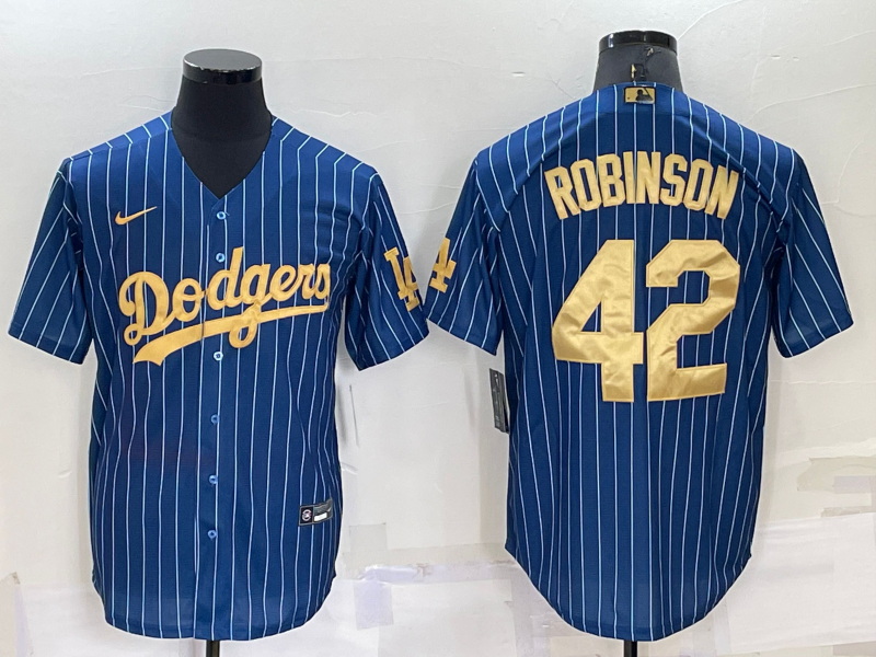 Men Los Angeles Dodgers 42 Jackie Robinson Navy Gold Cool Base Stitched Baseball Jersey