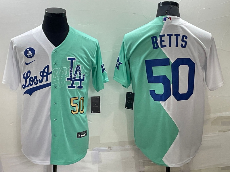 Men Los Angeles Dodgers 50 Mookie Betts 2022 All Star White  Green Cool Base Stitched Baseball Jerse