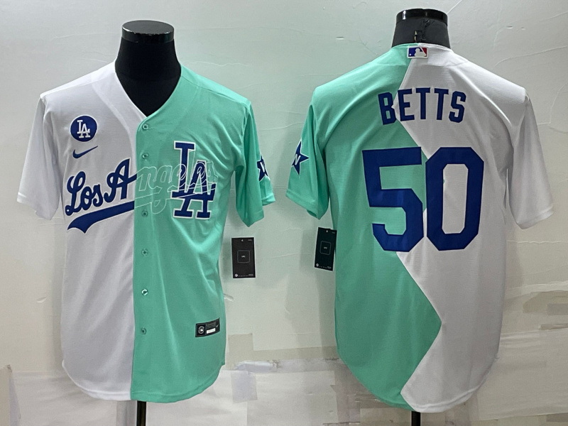 Men Los Angeles Dodgers 50 Mookie Betts 2022 All Star White Green Cool Base Stitched Baseball Jersey