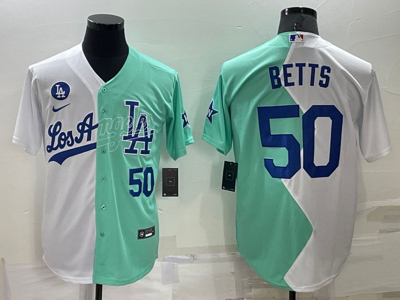 Men Los Angeles Dodgers 50 Mookie Betts 2022 All Star White Green Cool Base Stitched Baseball Jersey